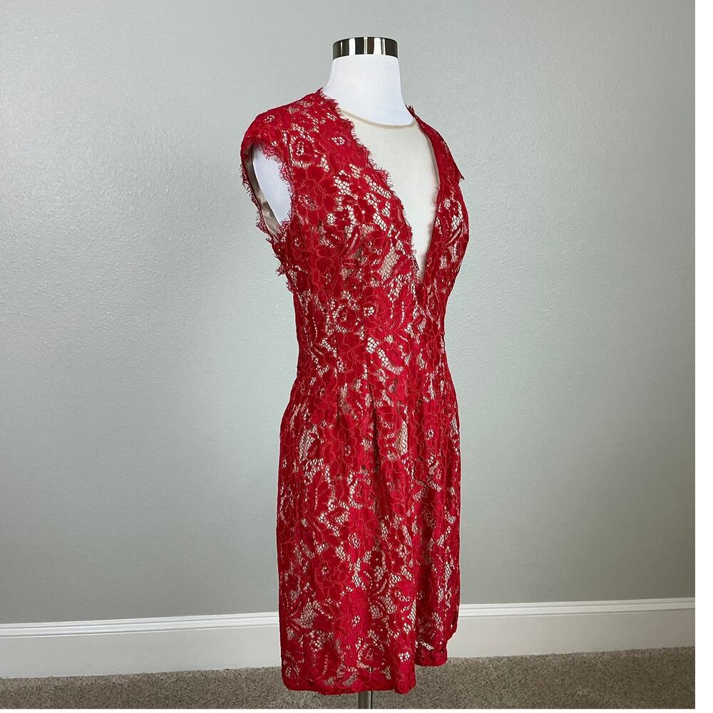 Aidan Mattox Red Lace Deep V Open Backless Colorf… - image 2